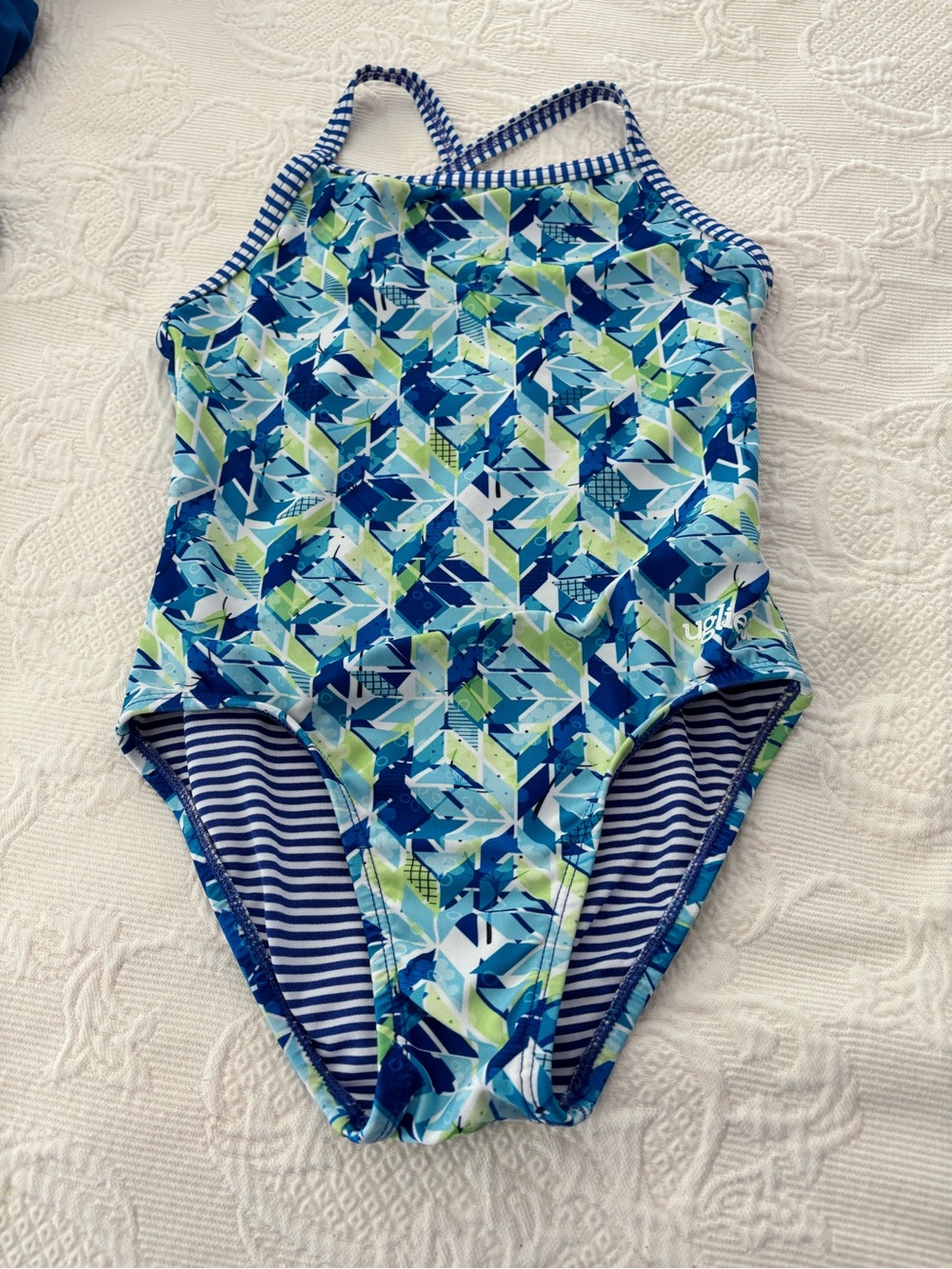 Sale!!Girls' Blue & Green Geometric One-Piece Swimsuit